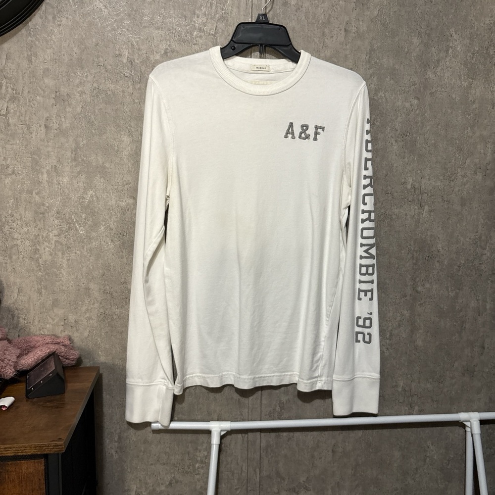 Abercrombie & Fitch Cream Long Sleeve Tee with Gray Lettering